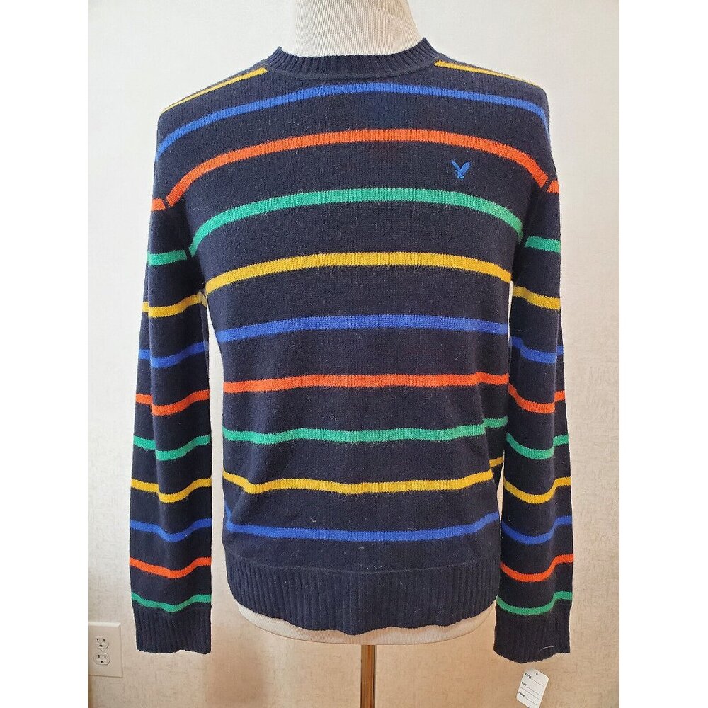 AMERICAN EAGLE  LOGO MEN'S BLUE STRIPED 100% WOOL SWEATER SIZE M-L #451